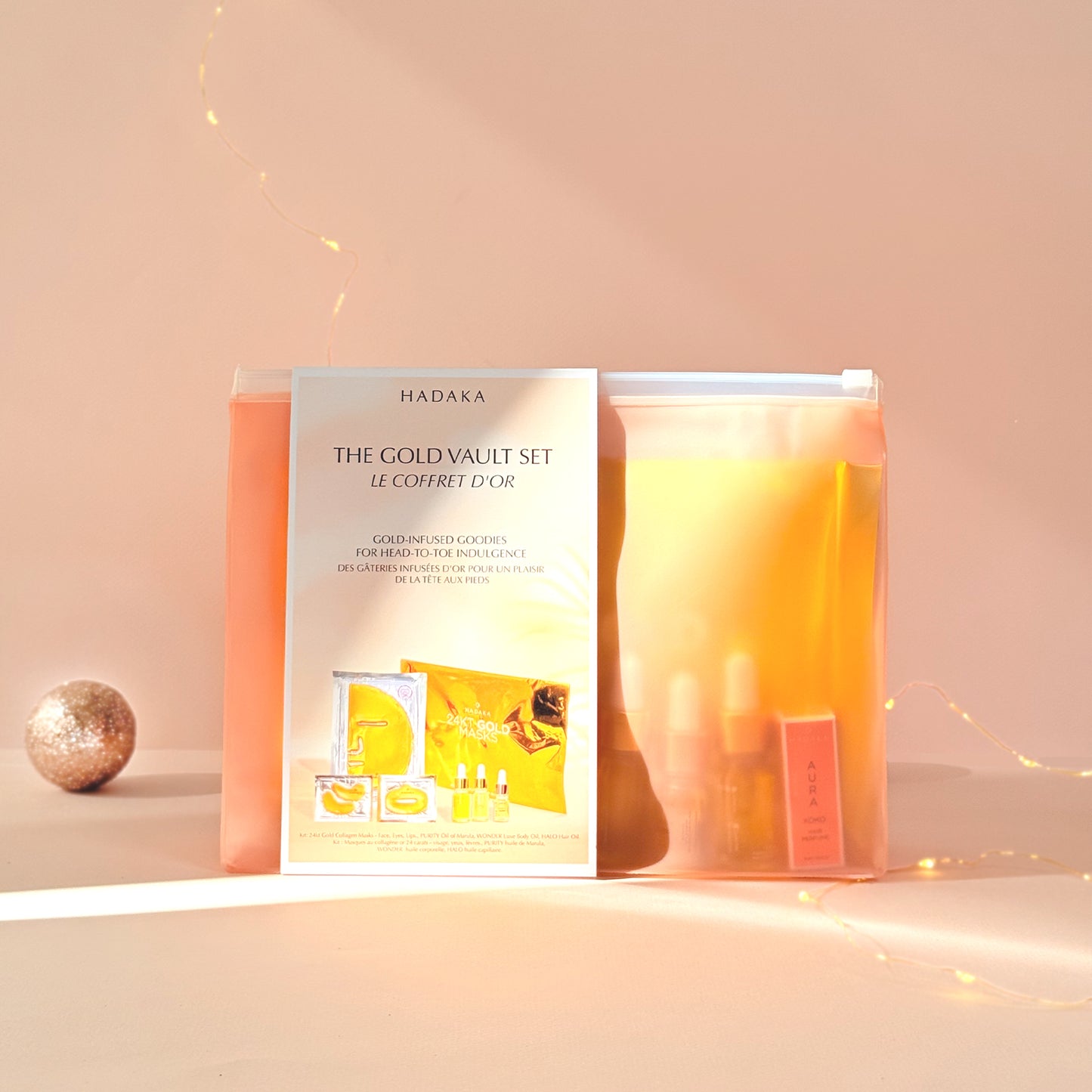 Luxury Canadian beauty gift set with 24K GOLD Collagen Mask Trio, AURA Hair perfume, HALO Hair Oil, WONDER Body Oil, and PURITY Marula Oil