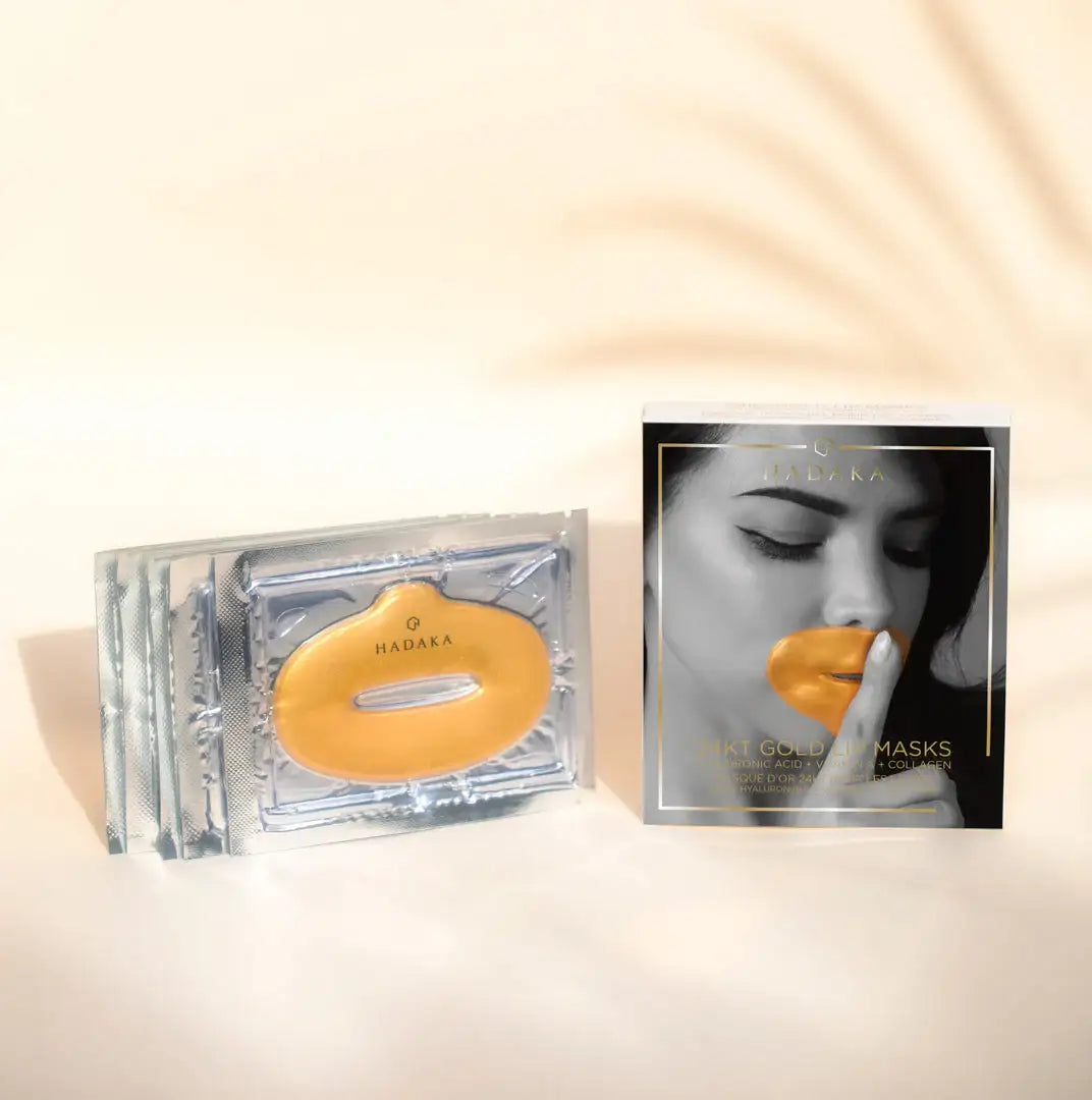 24K gold lip mask with packaging featuring a woman applying a gold lip mask