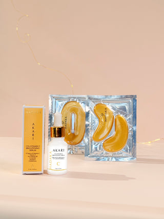 Brightening skincare products from the BRIGHT EDIT including a bottle of Vitamin C serum, and 24 KT Gold collagen masks on a beige background with 'Hadaka' branding.