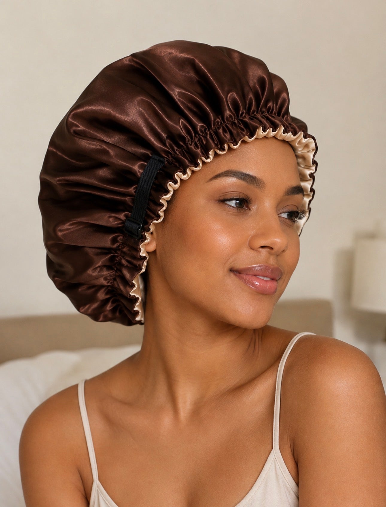 100% Silk/Satin Hair Bonnet Adjustable Strap/ Reversible in Champagne Beige/Rich Brown