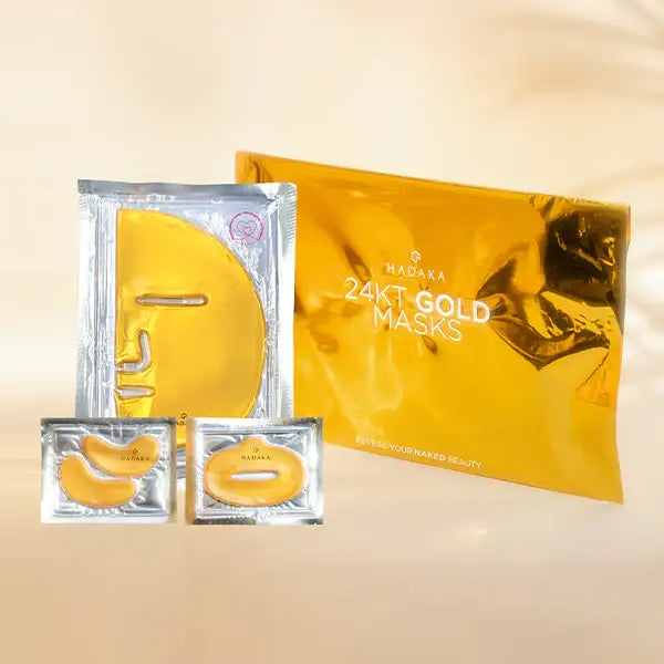 24K gold facial mask and under-eye masks in shiny packaging for hydrating skincare