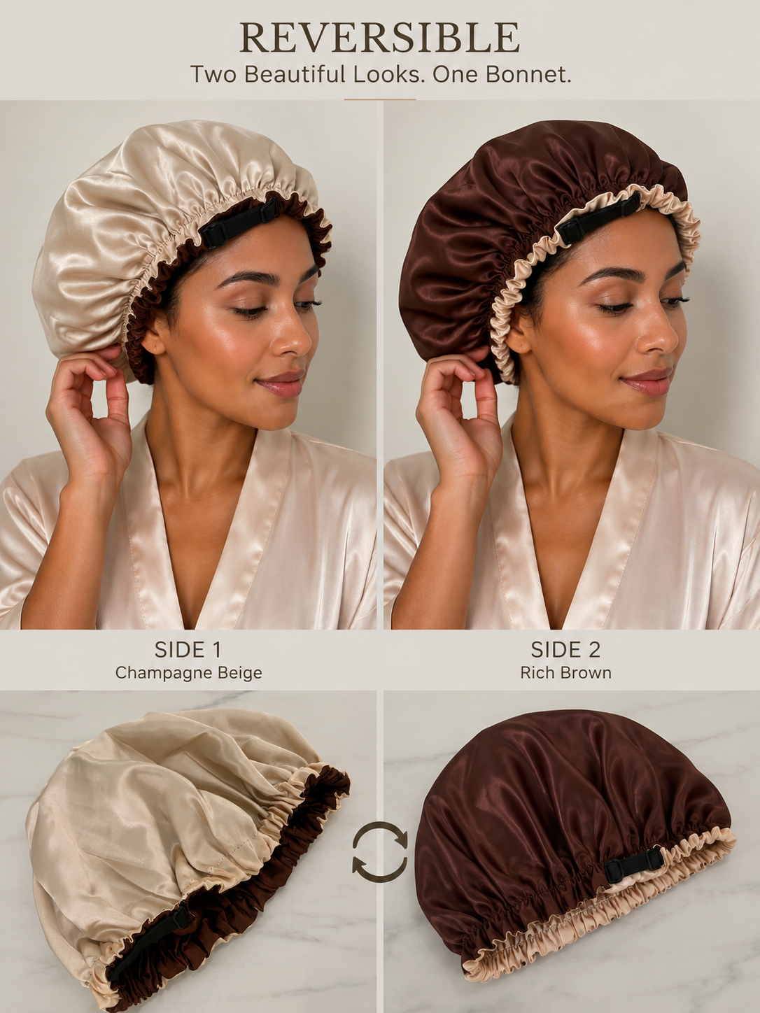 100% Silk/Satin Hair Bonnet Adjustable Strap/ Reversible in Champagne Beige/Rich Brown