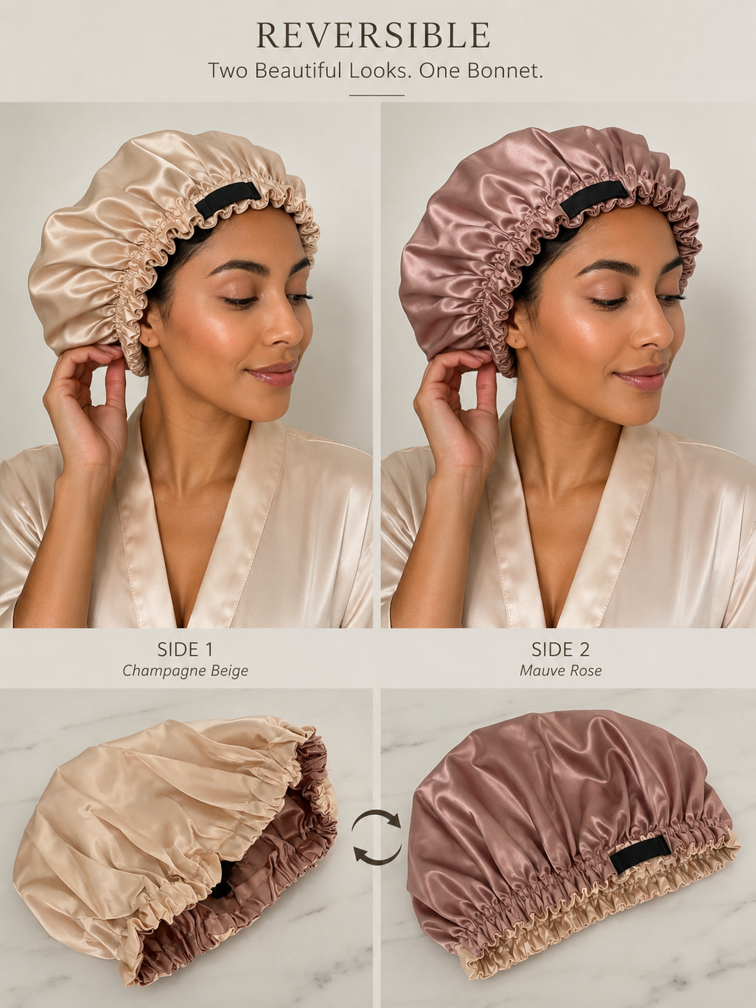 100% Silk/Satin Hair Bonnet adjustable strap / Reversible in Champagne Beige/ Mauve Rosé