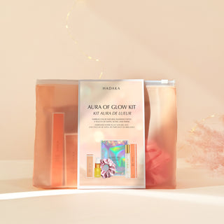 Canadian holiday glow gift set with HALO Hair Oil, LUCENT VEIL Face Mask, AURA Hair Perfume, Cosmetic Bag and Satin Scrunchie