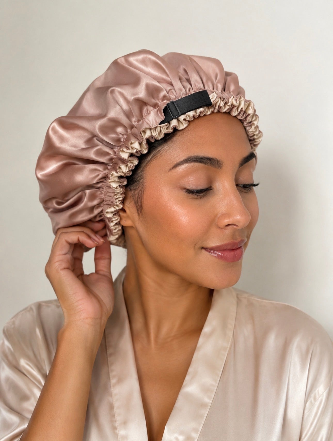 100% Silk/Satin Hair Bonnet adjustable strap / Reversible in Champagne Beige/ Mauve Rosé
